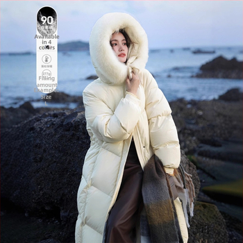 Дълго дамско пухено яке с качулка, дължина над 100 см, пух от бяла гъска 90%+, яка от лисица (сваляща се), цип, полиестер, корейски стил