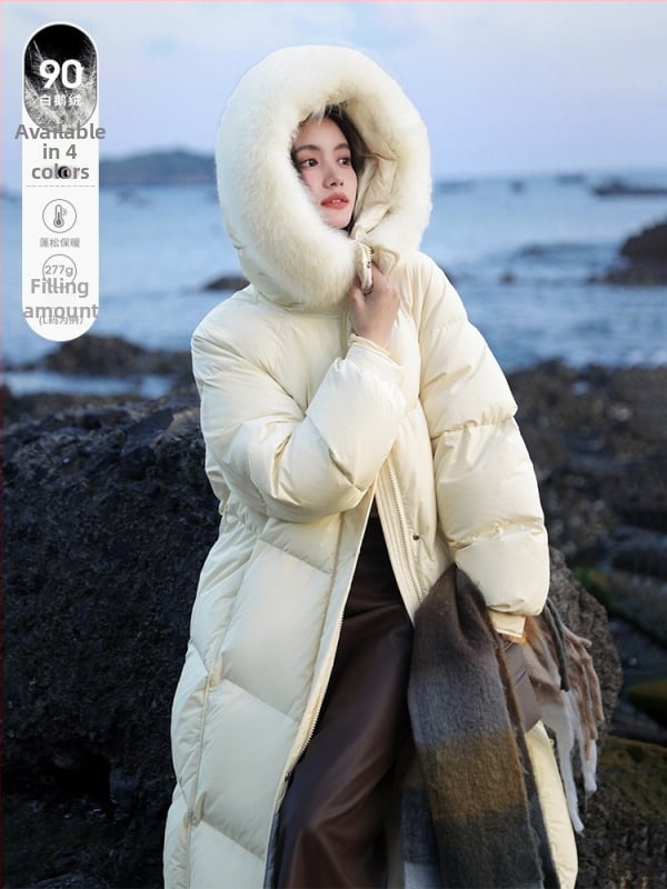 Дълго дамско пухено яке с качулка, дължина над 100 см, пух от бяла гъска 90%+, яка от лисица (сваляща се), цип, полиестер, корейски стил