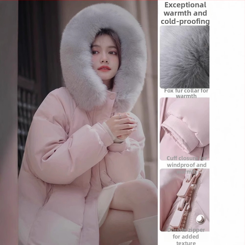 Дълго дамско пухено яке с качулка, дължина над 100 см, пух от бяла гъска 90%+, яка от лисица (сваляща се), цип, полиестер, корейски стил