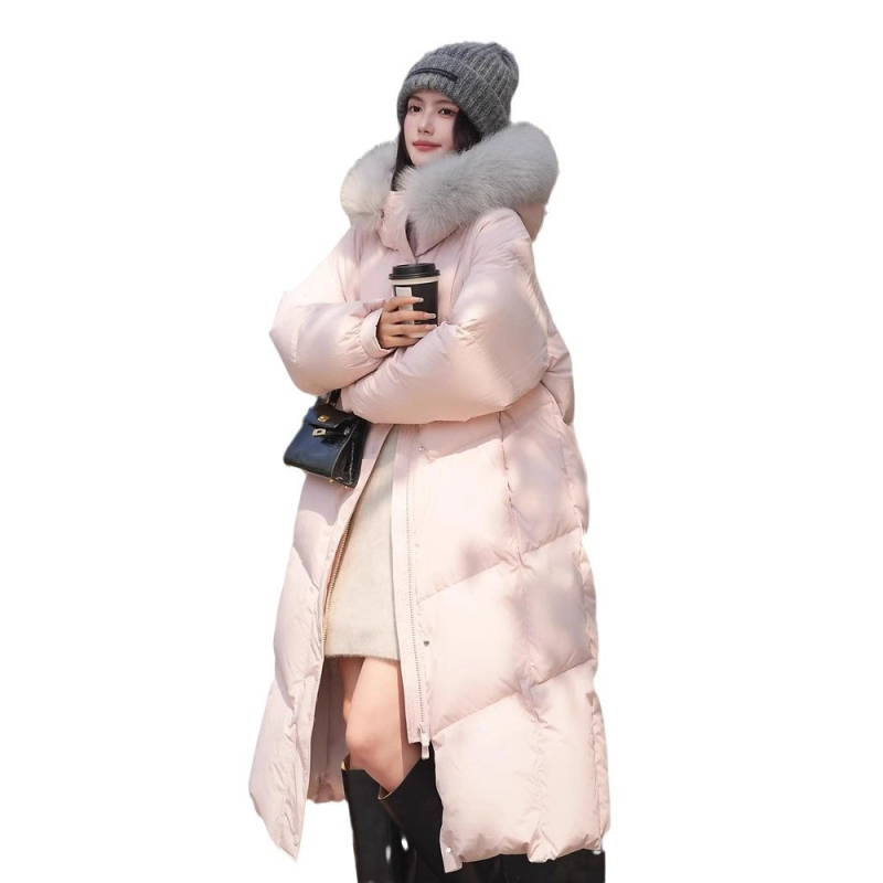 Дълго дамско пухено яке с качулка, дължина над 100 см, пух от бяла гъска 90%+, яка от лисица (сваляща се), цип, полиестер, корейски стил
