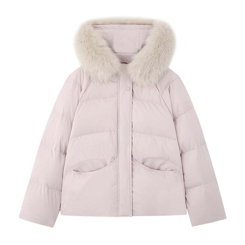 Дамско пухено яке с качулка и сваляща се лисича козина, 86–90% пух, 201–300 g напълване, полиестерен плат, свободна кройка