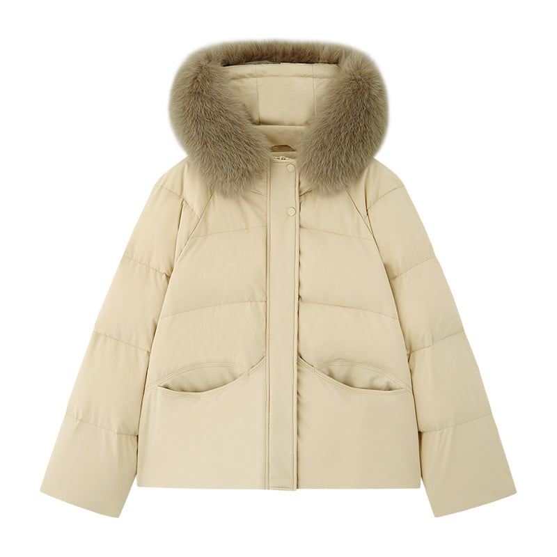 Дамско пухено яке с качулка и сваляща се лисича козина, 86–90% пух, 201–300 g напълване, полиестерен плат, свободна кройка
