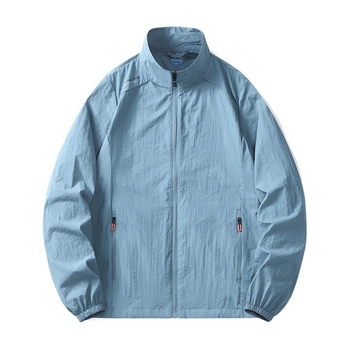 Férfi nyári napvédő kabát, nylon külső réteg, cipzáras zsebek, laza szabás, kapucni nélkül