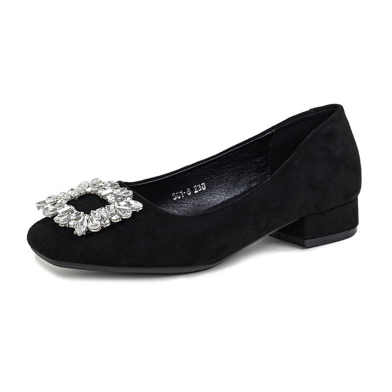 Ženske loaferice s kvadratnim nosom, veluru gornji dio, srednje visoki debeli potpetica, korejski stil