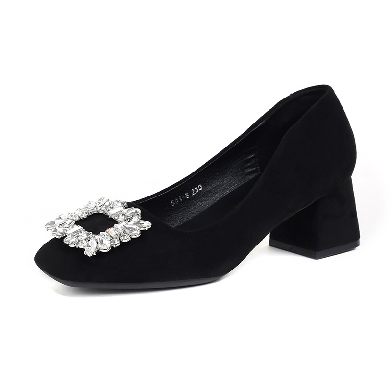 Ženske loaferice s kvadratnim nosom, veluru gornji dio, srednje visoki debeli potpetica, korejski stil
