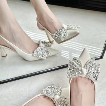 Ženske sandale s rhinestones i mašnicom na prstu – špičasti nos, PU gornji dio, tanki potplat 6–8 cm, ljetne banketne cipele