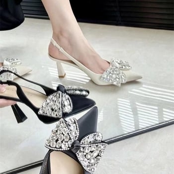 Ženske sandale s rhinestones i mašnicom na prstu – špičasti nos, PU gornji dio, tanki potplat 6–8 cm, ljetne banketne cipele