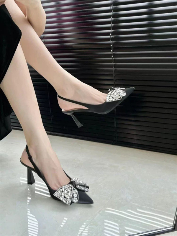 Ženske sandale s rhinestones i mašnicom na prstu – špičasti nos, PU gornji dio, tanki potplat 6–8 cm, ljetne banketne cipele