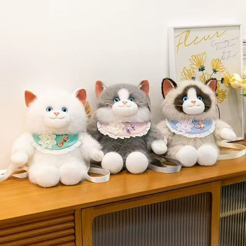 Плюшена чантичка през рамо с котешка кукла, пълнеж PP памук, плюш с козина на зайче, унисекс, налична персонализация