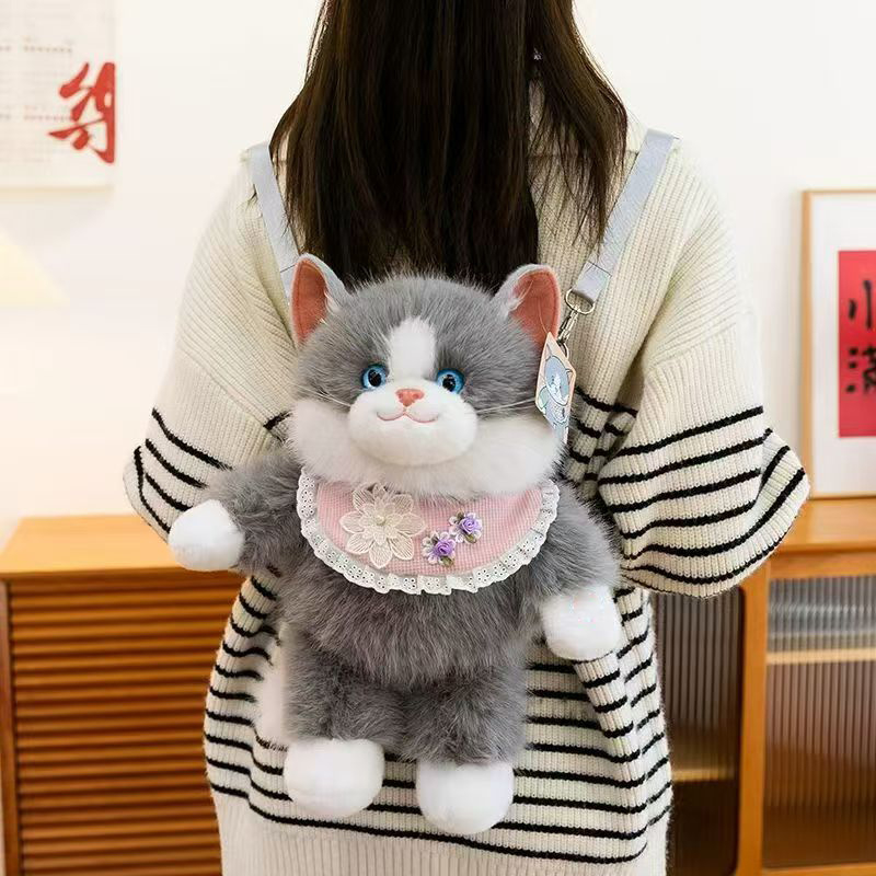 Плюшена чантичка през рамо с котешка кукла, пълнеж PP памук, плюш с козина на зайче, унисекс, налична персонализация