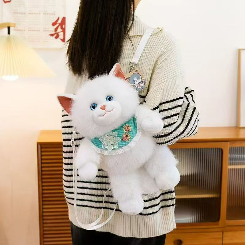 Плюшена чантичка през рамо с котешка кукла, пълнеж PP памук, плюш с козина на зайче, унисекс, налична персонализация