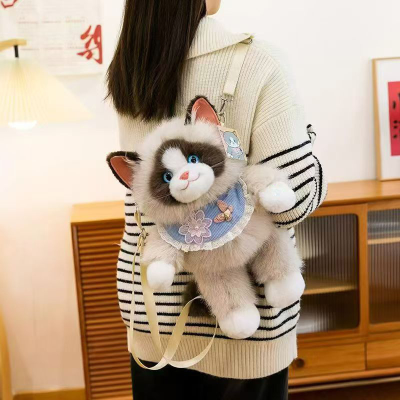 Плюшена чантичка през рамо с котешка кукла, пълнеж PP памук, плюш с козина на зайче, унисекс, налична персонализация