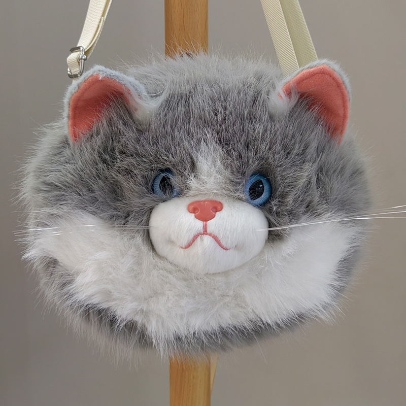 Плюшена чантичка през рамо с котешка кукла, пълнеж PP памук, плюш с козина на зайче, унисекс, налична персонализация