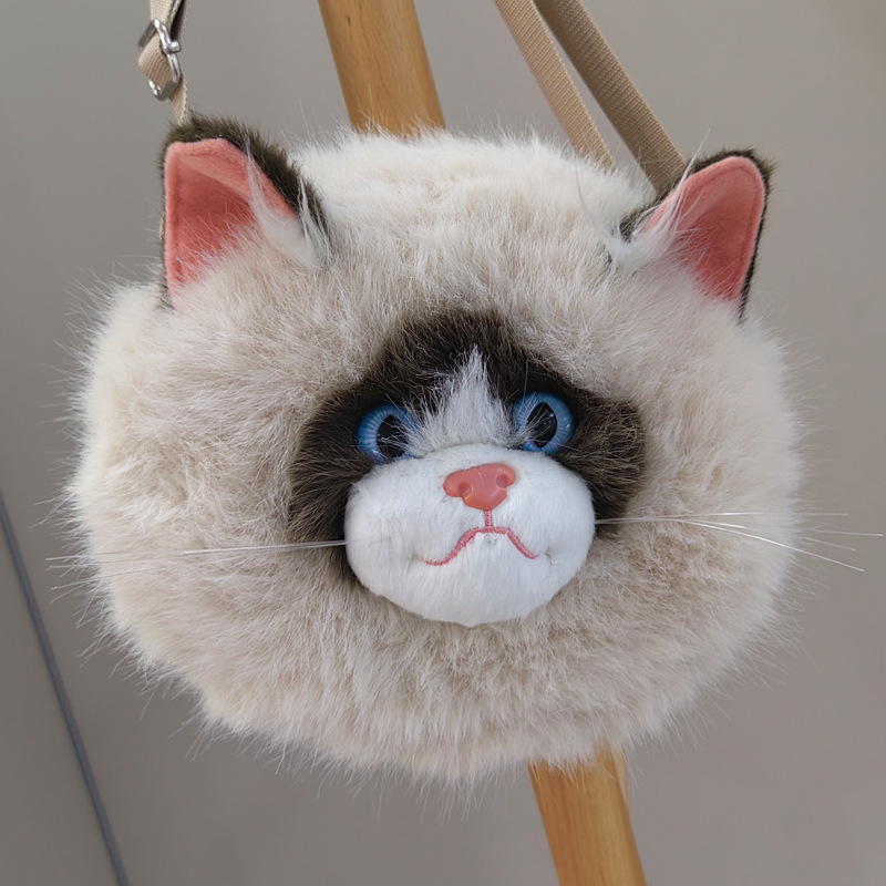 Плюшена чантичка през рамо с котешка кукла, пълнеж PP памук, плюш с козина на зайче, унисекс, налична персонализация