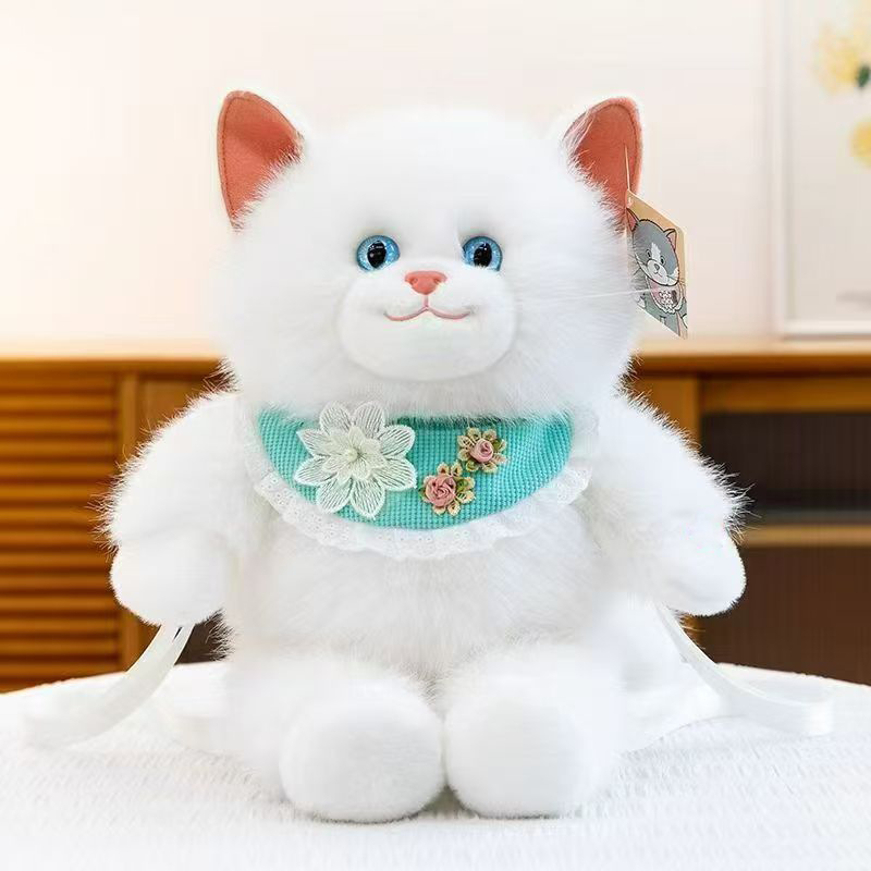 Плюшена чантичка през рамо с котешка кукла, пълнеж PP памук, плюш с козина на зайче, унисекс, налична персонализация