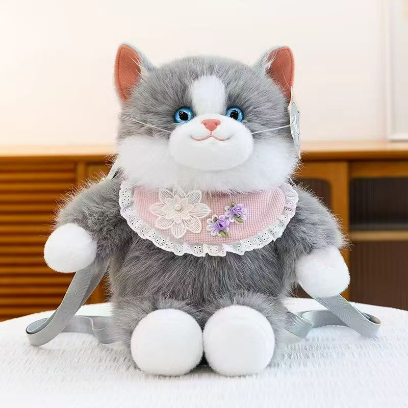 Плюшена чантичка през рамо с котешка кукла, пълнеж PP памук, плюш с козина на зайче, унисекс, налична персонализация