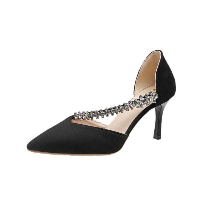 Ženske visoke štikle s uskim vrhom, rhinestones ukras, gornji dio od semiša, korejski stil, tanka peta, visina pete 6–8 cm