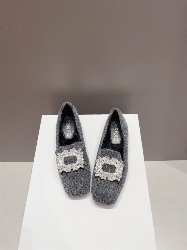 Ženske plišane slip-on ravne cipele s četvrtastim vrhom, niski pet, gornji dio od umjetnog pliša i gumena potplat