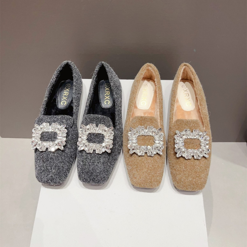 Ženske plišane slip-on ravne cipele s četvrtastim vrhom, niski pet, gornji dio od umjetnog pliša i gumena potplat