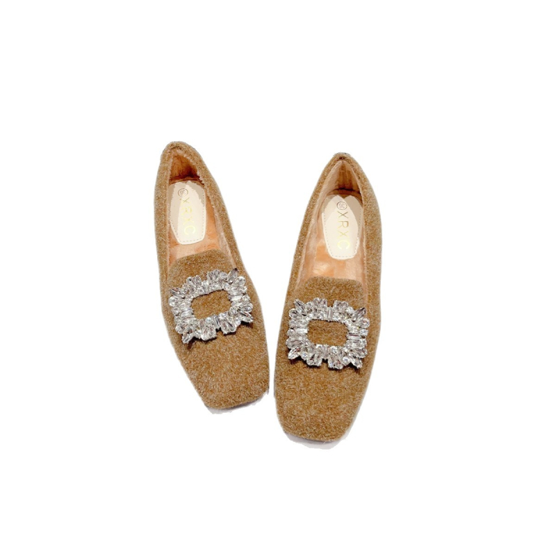 Ženske plišane slip-on ravne cipele s četvrtastim vrhom, niski pet, gornji dio od umjetnog pliša i gumena potplat