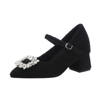 Ženske Mary Jane cipele s oštrim nosom, Ultra-Fiber gornji dio, visina potpetice iznad 8 cm, debeli potpetica