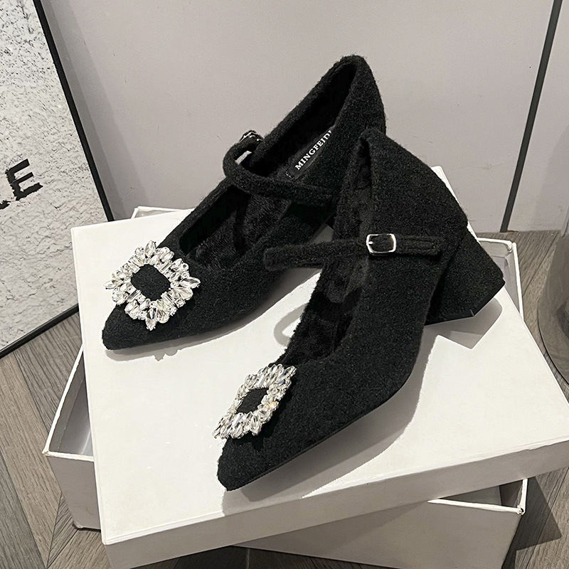 Ženske Mary Jane cipele s oštrim nosom, Ultra-Fiber gornji dio, visina potpetice iznad 8 cm, debeli potpetica