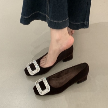 Damske zimske cipele u francuskom stilu s kvadratnom prstom, kristalna ukrasa, slip-on, gornji dio od gume, visina pete 6–8 cm