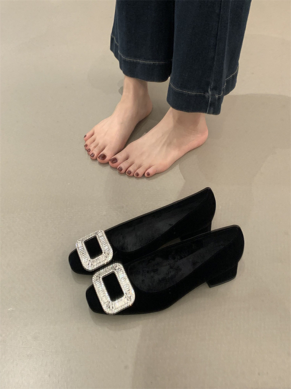 Damske zimske cipele u francuskom stilu s kvadratnom prstom, kristalna ukrasa, slip-on, gornji dio od gume, visina pete 6–8 cm