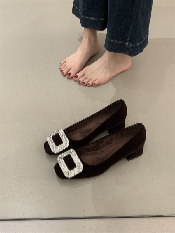 Damske zimske cipele u francuskom stilu s kvadratnom prstom, kristalna ukrasa, slip-on, gornji dio od gume, visina pete 6–8 cm