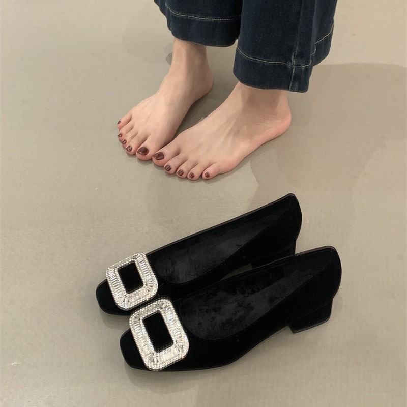 Damske zimske cipele u francuskom stilu s kvadratnom prstom, kristalna ukrasa, slip-on, gornji dio od gume, visina pete 6–8 cm
