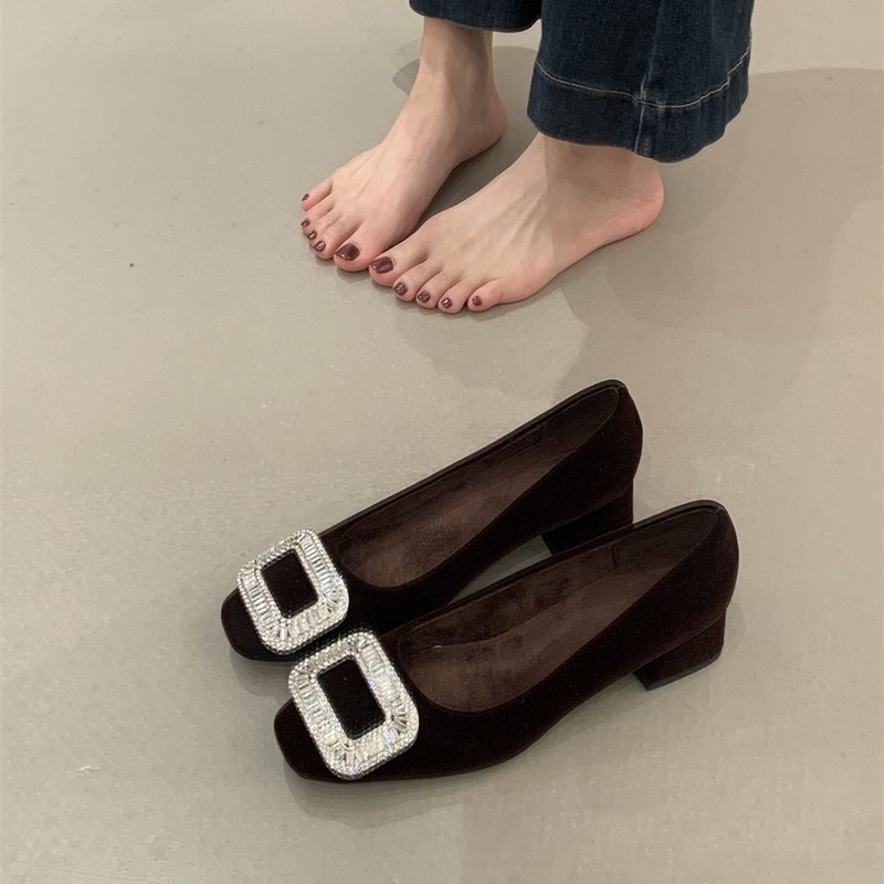 Damske zimske cipele u francuskom stilu s kvadratnom prstom, kristalna ukrasa, slip-on, gornji dio od gume, visina pete 6–8 cm