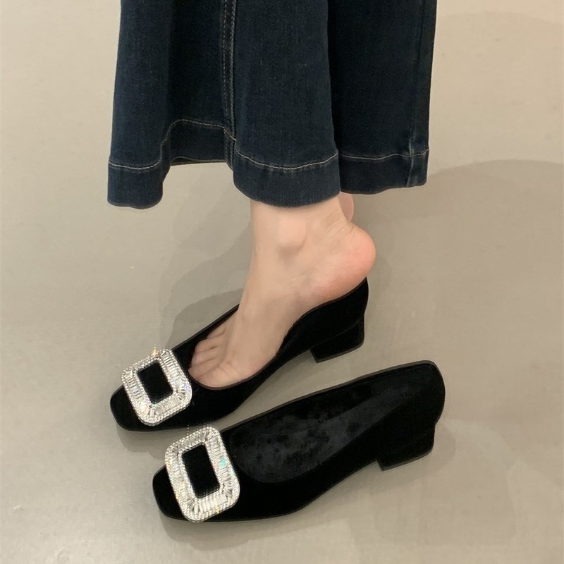 Damske zimske cipele u francuskom stilu s kvadratnom prstom, kristalna ukrasa, slip-on, gornji dio od gume, visina pete 6–8 cm