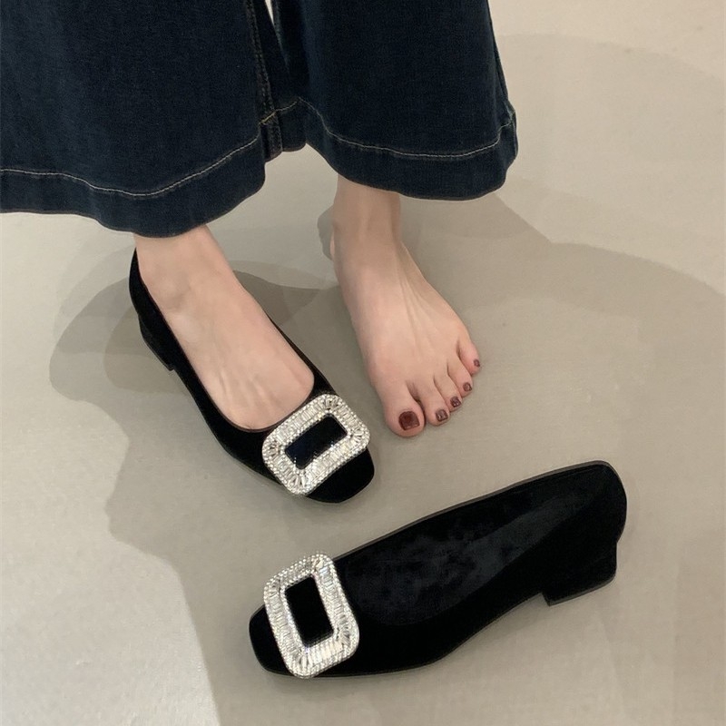 Damske zimske cipele u francuskom stilu s kvadratnom prstom, kristalna ukrasa, slip-on, gornji dio od gume, visina pete 6–8 cm