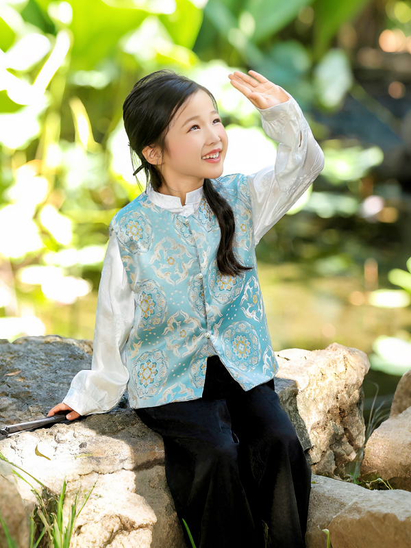 Παιδικό γιλέκο σε νέο κινεζικό στυλ με αντίγραφο Song brocade και κουμπωτό σχέδιο, για ηλικίες 3–8 ετών.