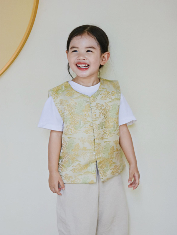 Παιδικό γιλέκο σε νέο κινεζικό στυλ με αντίγραφο Song brocade και κουμπωτό σχέδιο, για ηλικίες 3–8 ετών.