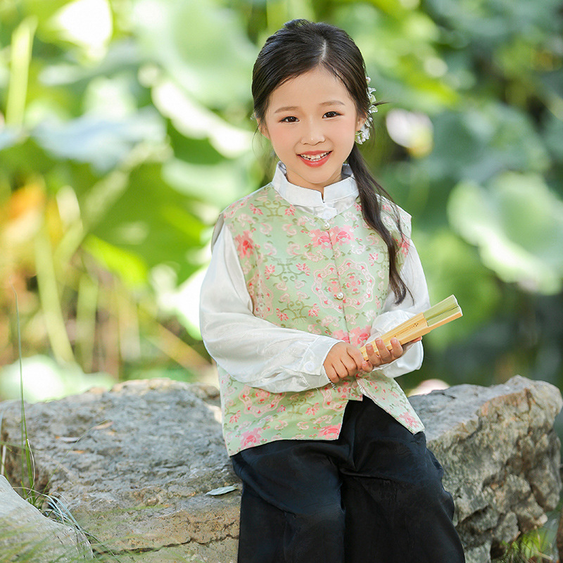 Παιδικό γιλέκο σε νέο κινεζικό στυλ με αντίγραφο Song brocade και κουμπωτό σχέδιο, για ηλικίες 3–8 ετών.