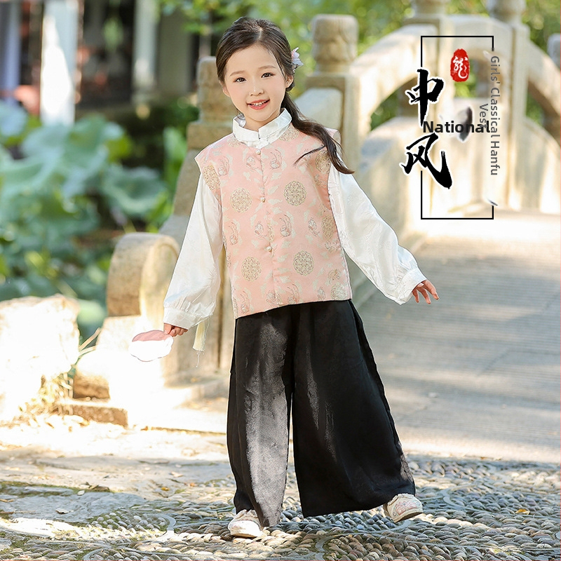 Παιδικό γιλέκο σε νέο κινεζικό στυλ με αντίγραφο Song brocade και κουμπωτό σχέδιο, για ηλικίες 3–8 ετών.