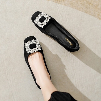 Pantofi dama cu varf drept și cristale, PU, toc mic 3-5 cm