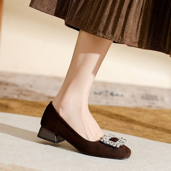 Pantofi dama cu varf drept și cristale, PU, toc mic 3-5 cm