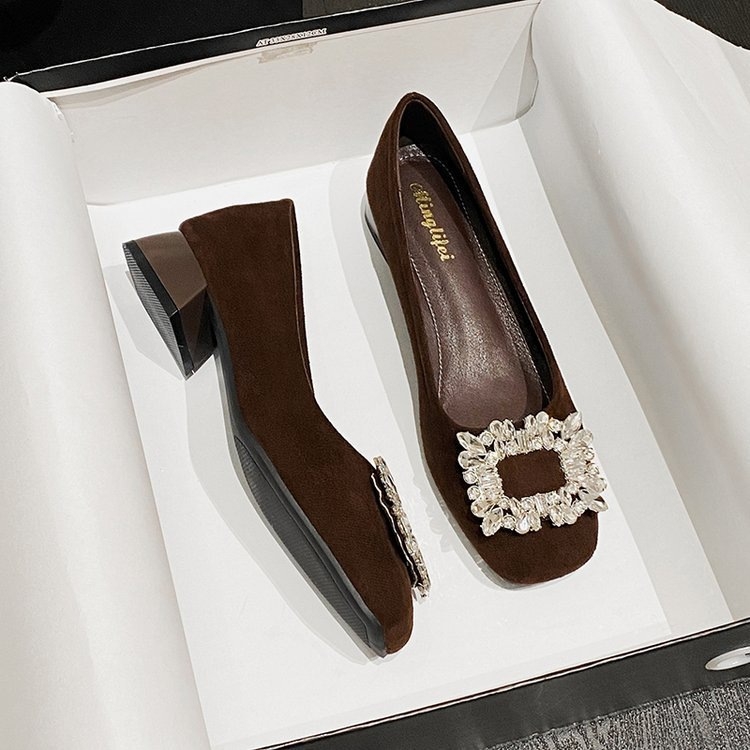 Pantofi dama cu varf drept și cristale, PU, toc mic 3-5 cm