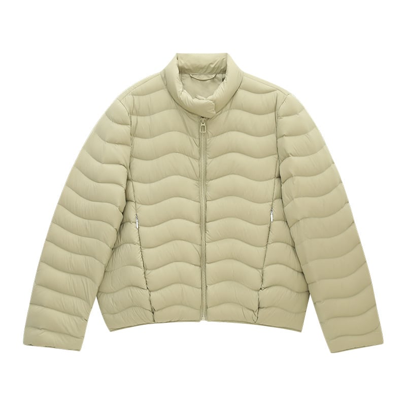 Пухено дамско яке: пълнеж бял гъши пух 90%+, найлонова материя, стойкова яка, цип, средна дължина (50–65 см)