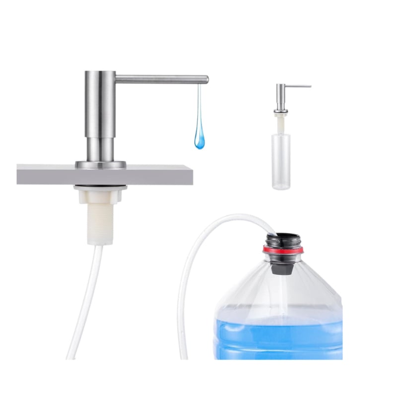 Dozator de săpun din oțel inoxidabil cu mecanism de apăsare, pentru montaj pe blat, cu conductă de extindere de 120 mm; materiale: ABS + oțel inoxidabil 304; funcție: apăsare manuală; montaj: gaură perforată; stil: minimalist modern