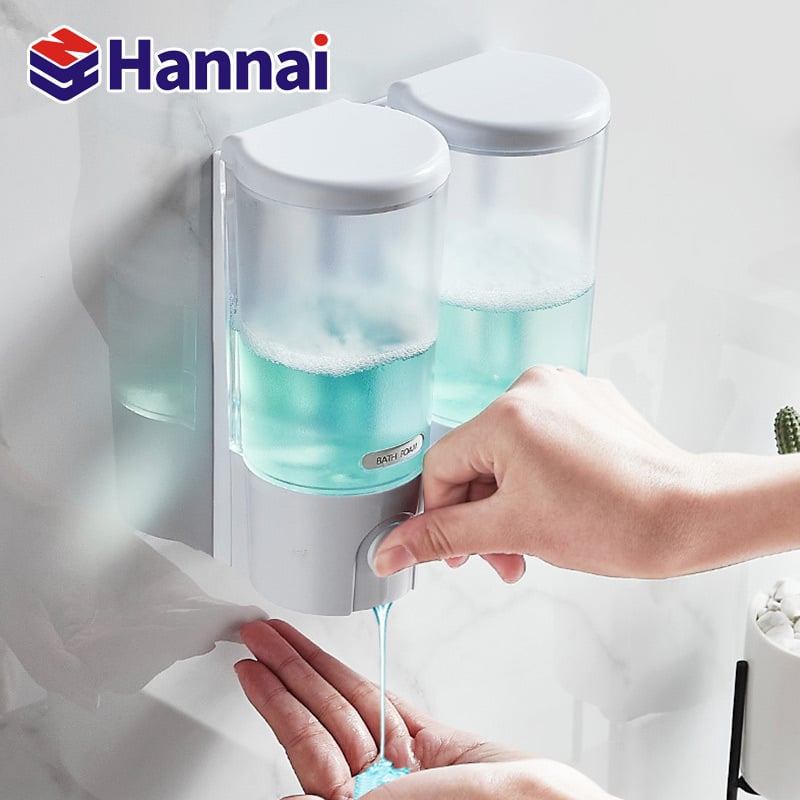 Dozator de săpun montat pe perete pentru băile de hotel, fără găuri, acționare manuală prin apăsare, din plastic, Hannai, stil modern minimalist (0,35 kg)