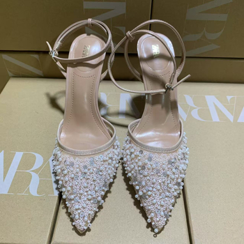 Sandale dama cu paiete, fără spate, vârf ascuțit, toc subțire 6–8 cm, PU partea superioară, talpă din cauciuc