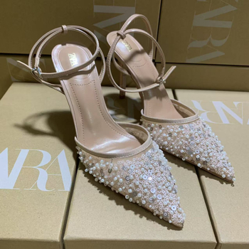 Sandale dama cu paiete, fără spate, vârf ascuțit, toc subțire 6–8 cm, PU partea superioară, talpă din cauciuc