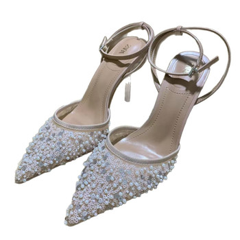 Sandale dama cu paiete, fără spate, vârf ascuțit, toc subțire 6–8 cm, PU partea superioară, talpă din cauciuc