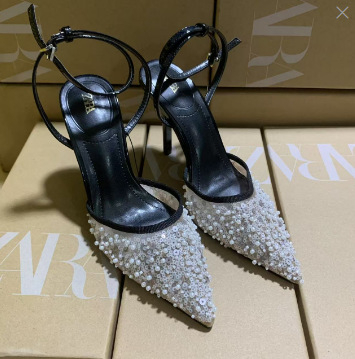 Sandale dama cu paiete, fără spate, vârf ascuțit, toc subțire 6–8 cm, PU partea superioară, talpă din cauciuc