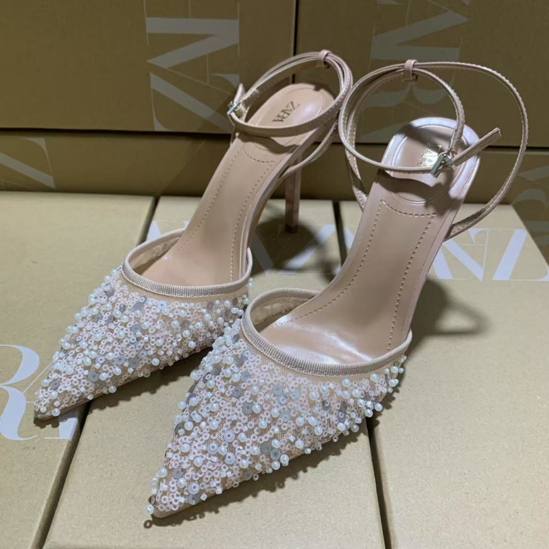 Sandale dama cu paiete, fără spate, vârf ascuțit, toc subțire 6–8 cm, PU partea superioară, talpă din cauciuc