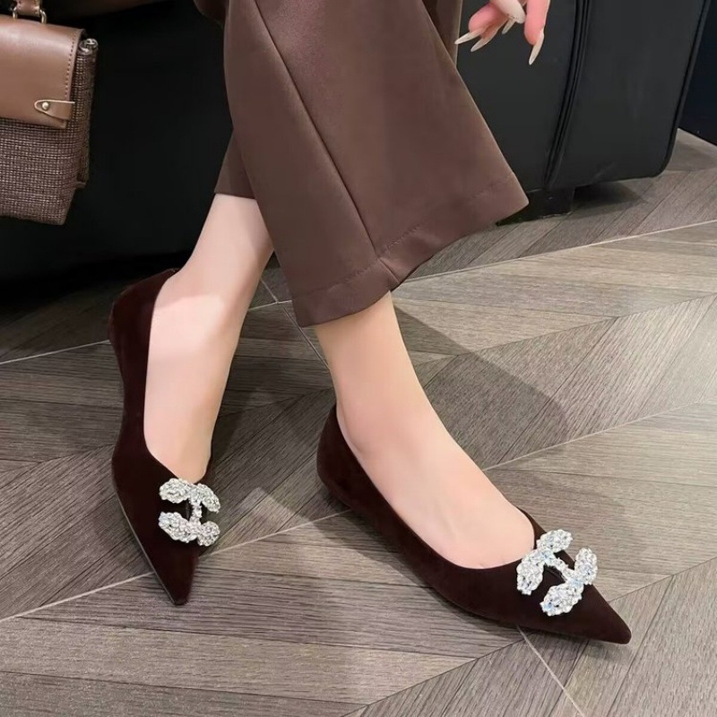 Mule pentru femei cu vârf ascuțit — partea superioară din nabuk, toc gros, slip-on, căptușeală din microfibră, talpă din cauciuc