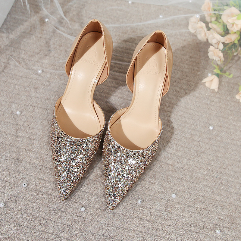 Pantofi de nuntă cu paiete și cristale, vârf ascuțit, partea superioară strălucitoare, toc înalt de 6-8 cm, toc subțire, căptușeală din piele artificială